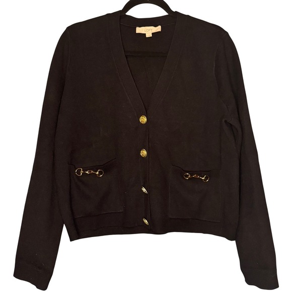 LOFT Women's Black Cardigan Sweater with Gold Horsebit Detail Pockets Size L - Picture 1 of 3